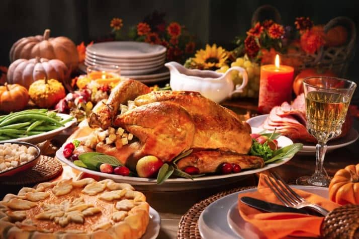 a table with a thanksgiving feast on it